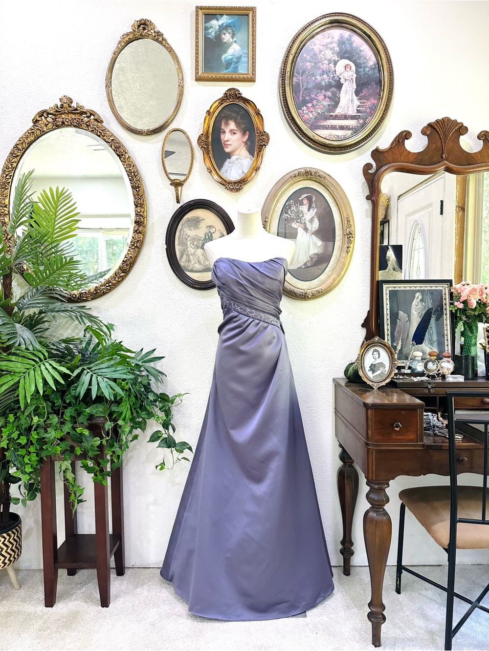 David's Bridal Strapless Lavender-Gray Satin Maxi Gown